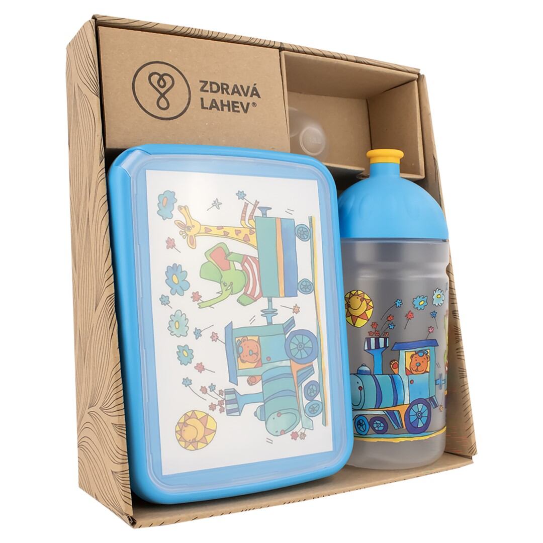 ZDRAVÁ LAHEV® SET ZDRAVÁ LAHEV A ZDRAVÁ SVÁČA svačinový box a lahev 0,5l Vláček se zvířátky